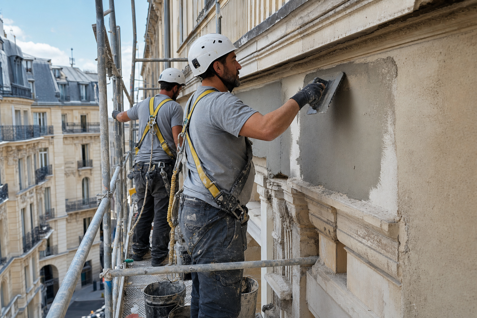 Ouvriers sur échafaudage restaurant une façade