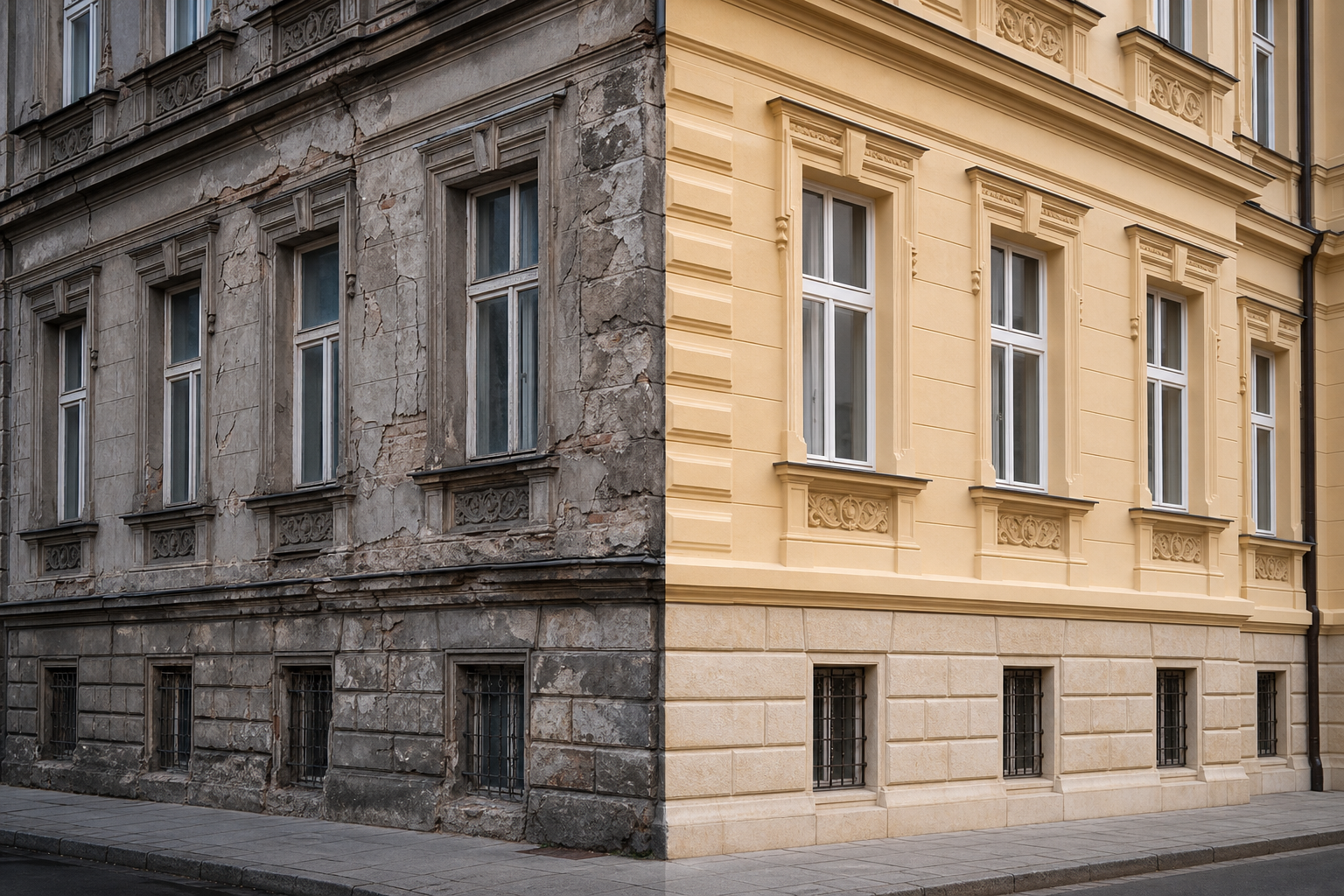 Angle de bâtiment avant et après restauration de façade
