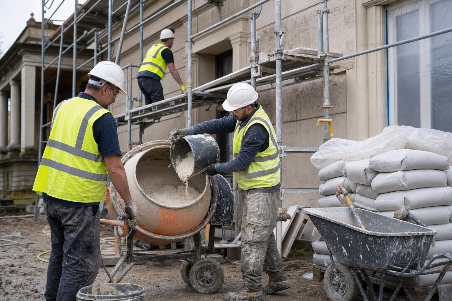 Équipe mélangeant de l'enduit sur un chantier